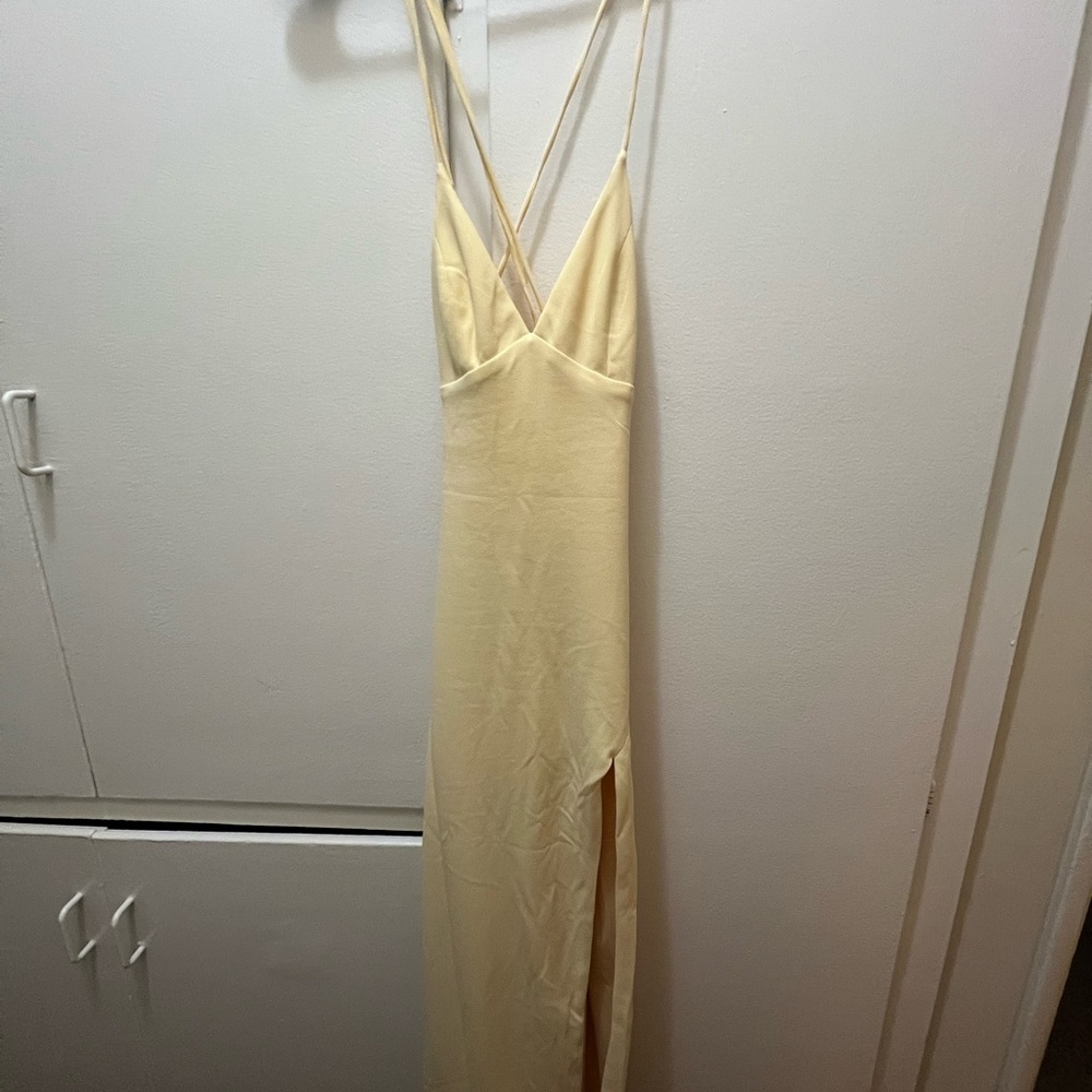 BAMBOO Cream Slip Dress with Slit and Plunge Neckline